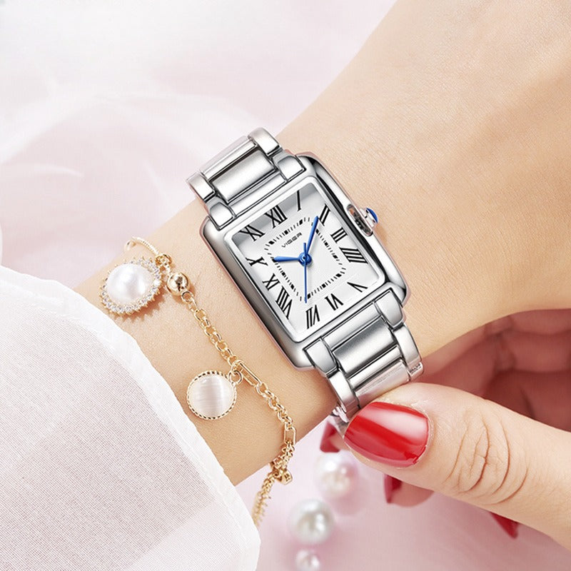 Luxury-inspired silver and gold tank watch for women