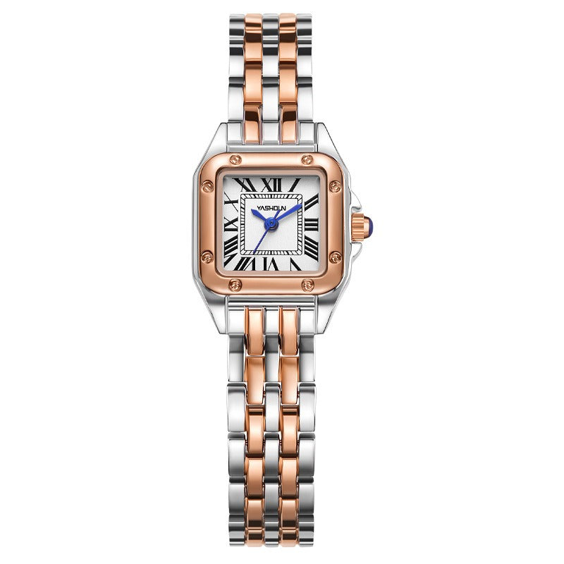 Women Square Watch Big Ben Style - Silver & Rose Gold