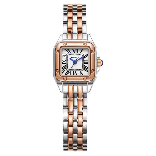 Women Square Watch Big Ben Style - Silver & Rose Gold