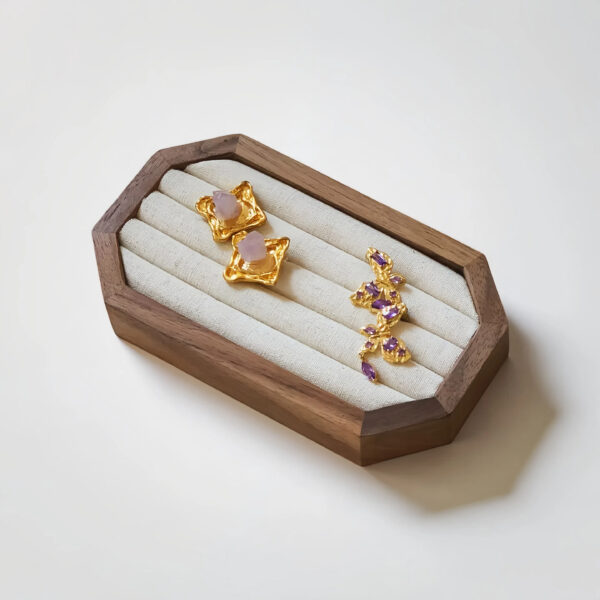 Walnut Jewelry Holder – Ring and Earring Display Tray with Linen Cushion - Image 2